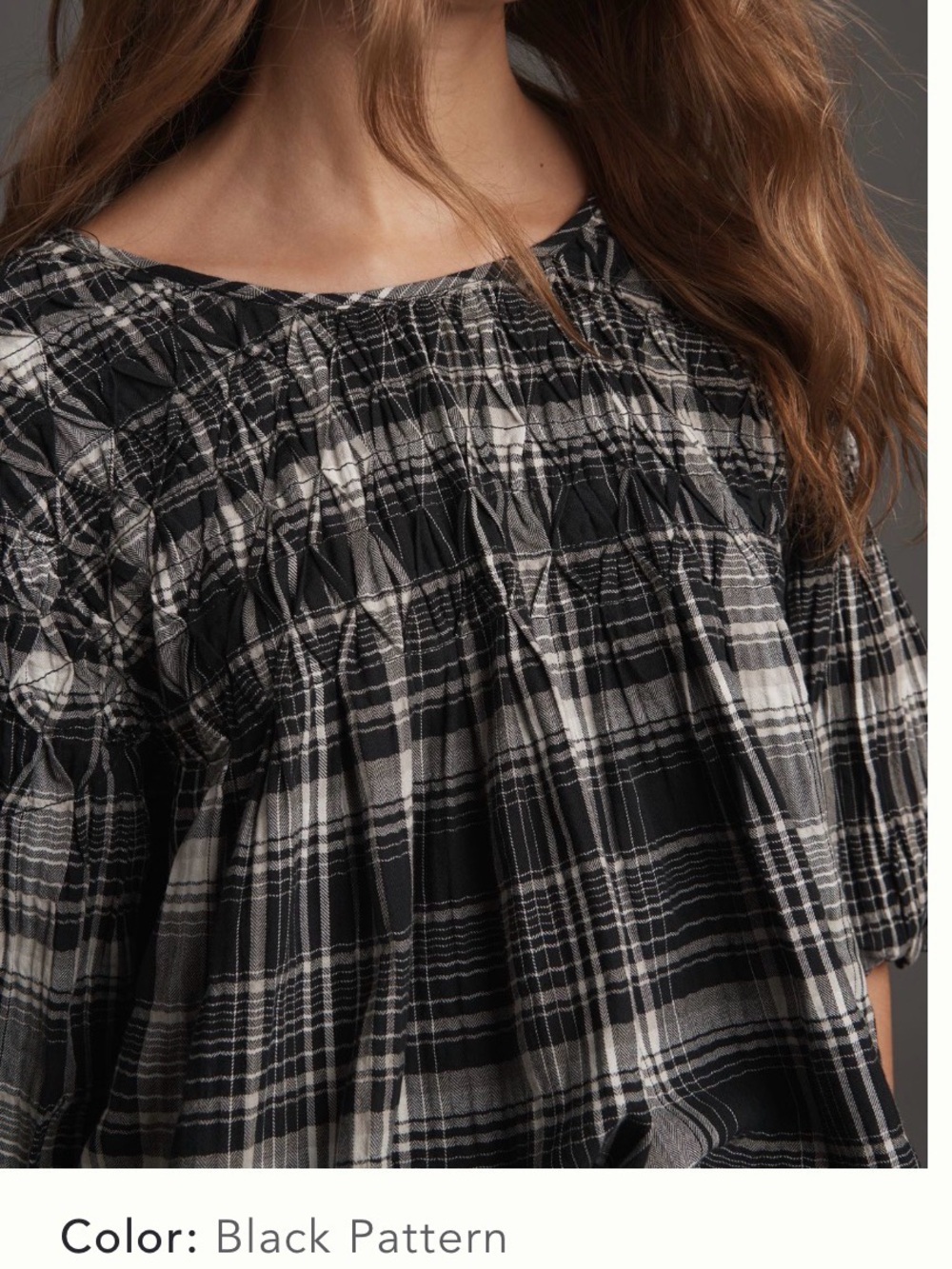 Anthropologie Black & White Smocked Plaid Blouse